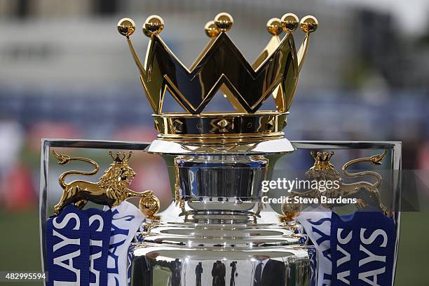 Detail of the Barclays Premier League trophy during the official Premier League season launch media event at Southfields Academy on August 5, 2015 in...