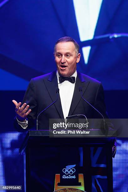 New Zealand Prime Minister John Key speaks at the NZOC Gala Dinner at the Viaduct Events Centre celebrating one year to go untill the 2016 Summer...