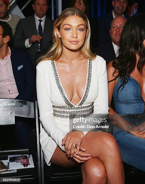 Gigi Hadid sits front row at the David Jones Spring/Summer 2015 Fashion Launch on August 5, 2015 in Sydney, Australia.