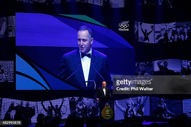 New Zealand Prime Minister John Key speaks at the NZOC Gala Dinner at the Viaduct Events Centre celebrating one year to go untill the 2016 Summer...