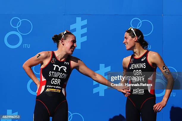 Jodi Stimpson of Great Britain celebrates with Helen Jenkins of Great Britain after winning the ITU World Triathlon Elite Women's race on April 6,...