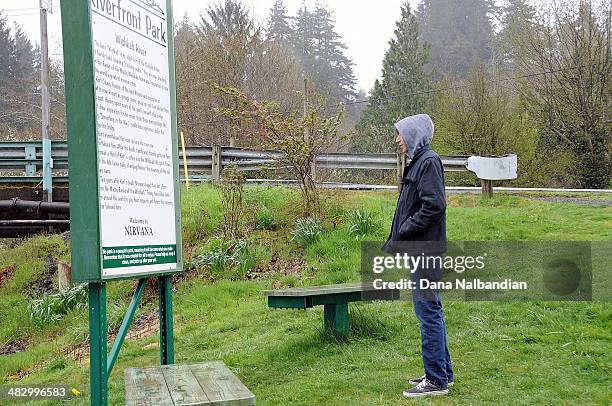 Nirvana fan at Kurt Cobain Memorial at Young Street bridge on April 5, 2014 in Aberdeen, Washington.