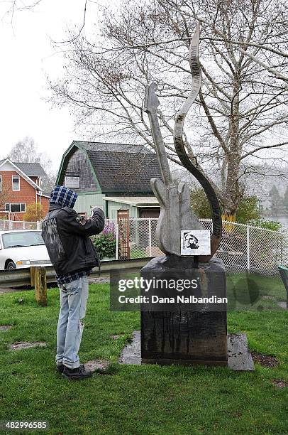 Nirvana fan at Kurt Cobain Memorial at Young Street bridge on April 5, 2014 in Aberdeen, Washington.