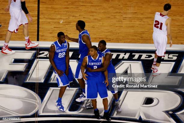 Aaron Harrison of the Kentucky Wildcats celebrates after hitting the game winning shot to defeat the Wisconsin Badgers 74-73 in the NCAA Men's Final...