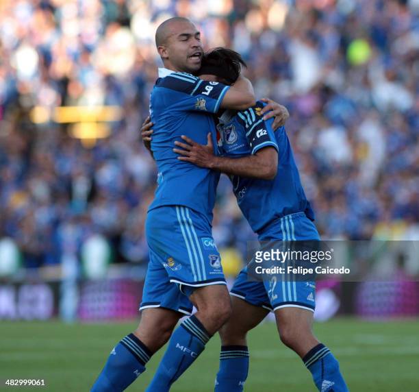 Fabian Vargas of Millonarios celebrates a scored goal against Deportivo Cali during a match between Millonarios and Deportivo Cali as part of the...