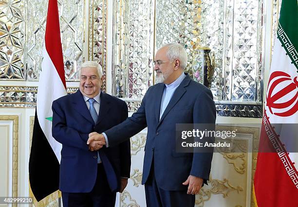 Iranian Foreign Minister Mohammad Javad Zarif welcomes Syrian Foreign Minister Walid Muallem prior to their meeting in the foreign ministry building...