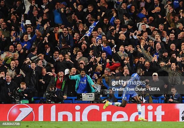 Demba Ba of Chelsea scoring their second goal during the UEFA Champions League Quarter Final second leg match between Chelsea and Paris Saint-Germain...