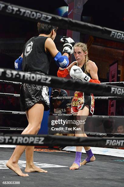 Muaythai champions Lizzie Largilliere and Petchoydying Mor fight during the 'Fight Night 2015' Gala Show at La Citadelle de Saint Tropez on on August...