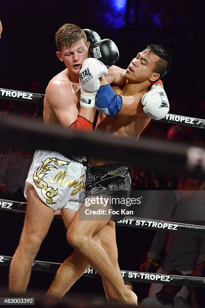 Muaythai champion Raphael Llodra and Yodwicha Por Boonsit attend the 'Fight Night 2015' Gala Show at La Citadelle de Saint Tropez on on August 4,...