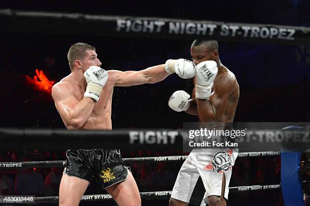 Kick boxing champion Jerome Le Banner and US champion Karl Roberson fight during the 'Fight Night 2015' Gala Show at La Citadelle de Saint Tropez on...