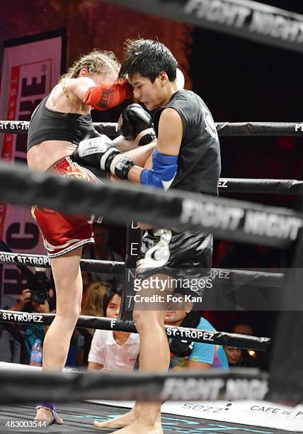 Muaythai champions Lizzie Largilliere and Petchoydying Mor fight during the 'Fight Night 2015' Gala Show at La Citadelle de Saint Tropez on on August...