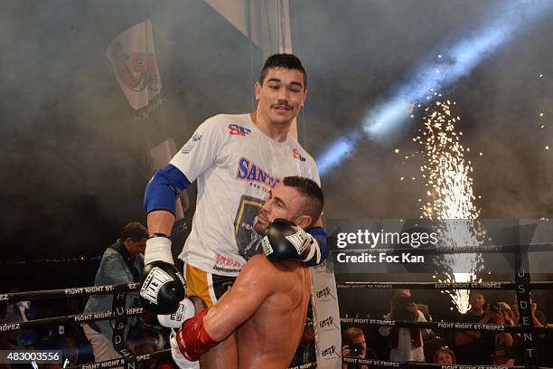 Muaythai champion Yohan Lidon and Jonatan Oliveira attend the 'Fight Night 2015' Gala Show at La Citadelle de Saint Tropez on on August 4, 2015 in...