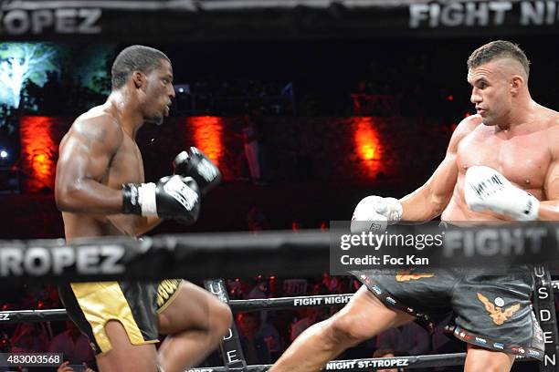 Kick boxing champion Jerome Le Banner and US champion Karl Roberson fight during the 'Fight Night 2015' Gala Show at La Citadelle de Saint Tropez on...