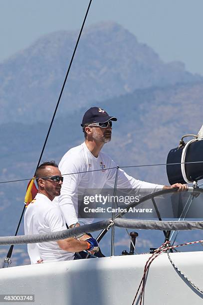 King Felipe VI of Spain on board of the Aifos during the 34th Copa del Rey Mapfre Sailing Cup day 3 on August 5, 2015 in Palma de Mallorca, Spain.