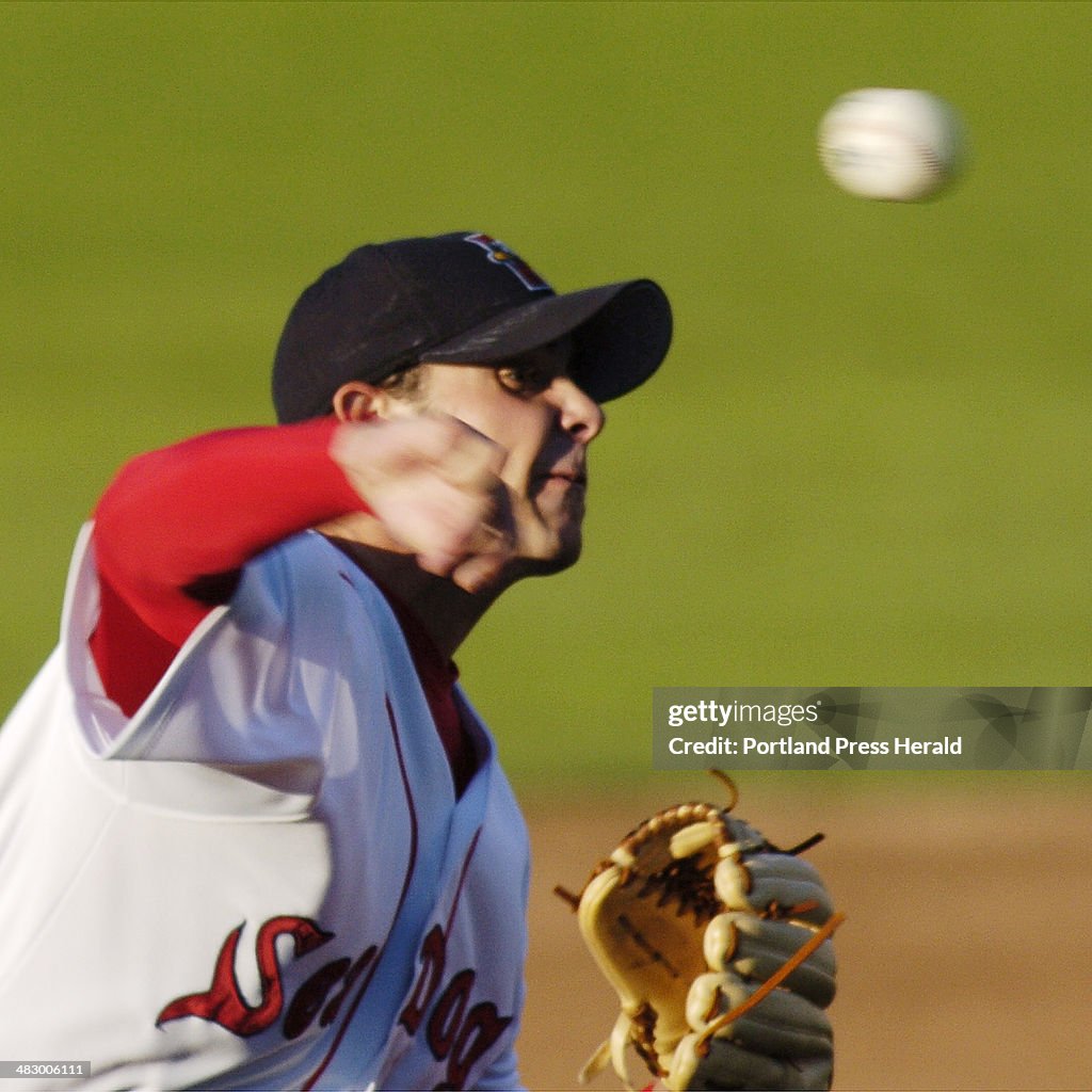 Portland Sea dog pitcher, #30, David Pauley throws a curve in first inning action against Trenton at...