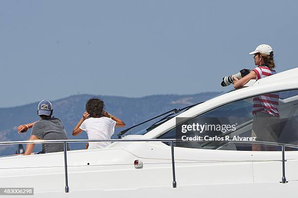 Princess Elena of Spain and her children Felipe Juan Froilan Marichalar and Victoria Federica Marichalar on board of the Somny during the 34th Copa...