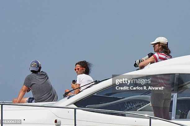 Princess Elena of Spain and her children Felipe Juan Froilan Marichalar and Victoria Federica Marichalar on board of the Somny during the 34th Copa...