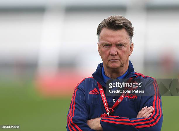 Manager Louis van Gaal of Manchester United in action during a first team training session at Aon Training Complex on August 5, 2015 in Manchester,...