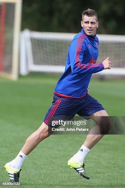 Morgan Schneiderlin of Manchester United in action during a first team training session at Aon Training Complex on August 5, 2015 in Manchester,...