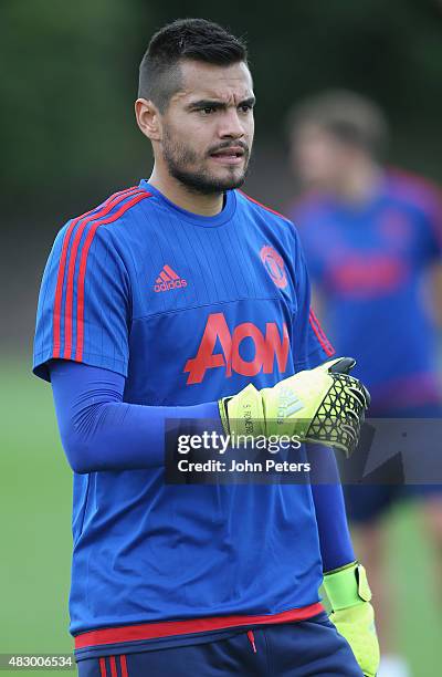 Sergio Romero of Manchester United in action during a first team training session at Aon Training Complex on August 5, 2015 in Manchester, England.