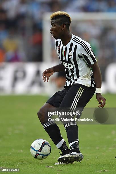 Paul Pogba of Juventus FC in action during the preseason friendly match between Olympique de Marseille and Juventus FC at Stade Velodrome on August...