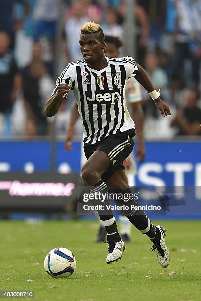 Paul Pogba of Juventus FC in action during the preseason friendly match between Olympique de Marseille and Juventus FC at Stade Velodrome on August...