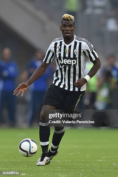Paul Pogba of Juventus FC in action during the preseason friendly match between Olympique de Marseille and Juventus FC at Stade Velodrome on August...