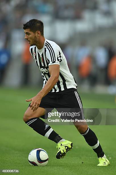 Alvaro Morata of Juventus FC in action during the preseason friendly match between Olympique de Marseille and Juventus FC at Stade Velodrome on...