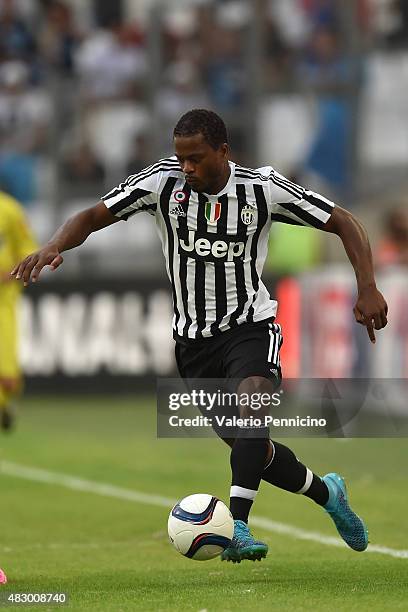 Patrice Evra of Juventus FC in action during the preseason friendly match between Olympique de Marseille and Juventus FC at Stade Velodrome on August...