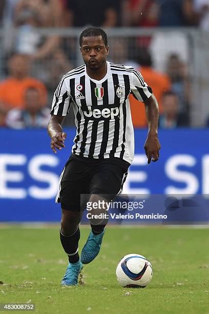 Patrice Evra of Juventus FC in action during the preseason friendly match between Olympique de Marseille and Juventus FC at Stade Velodrome on August...