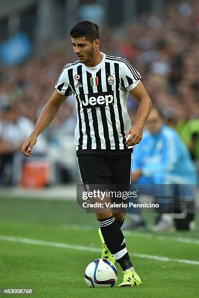 Alvaro Morata of Juventus FC in action during the preseason friendly match between Olympique de Marseille and Juventus FC at Stade Velodrome on...