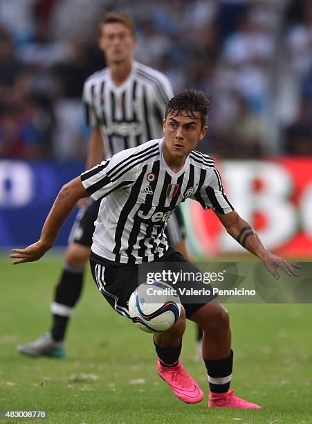 Paulo Dybala of Juventus FC in action during the preseason friendly match between Olympique de Marseille and Juventus FC at Stade Velodrome on August...