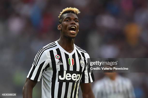 Paul Pogba of Juventus FC reacts during the preseason friendly match between Olympique de Marseille and Juventus FC at Stade Velodrome on August 1,...