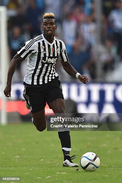 Paul Pogba of Juventus FC in action during the preseason friendly match between Olympique de Marseille and Juventus FC at Stade Velodrome on August...