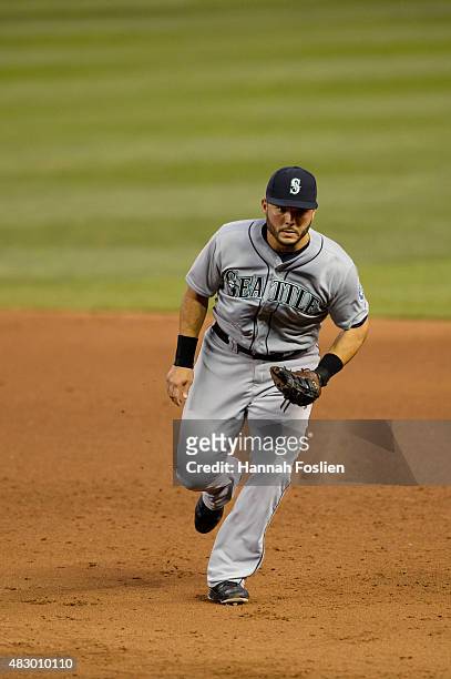 Jesus Montero of the Seattle Mariners makes a play at first base against the Minnesota Twins during the game on July 31, 2015 at Target Field in...