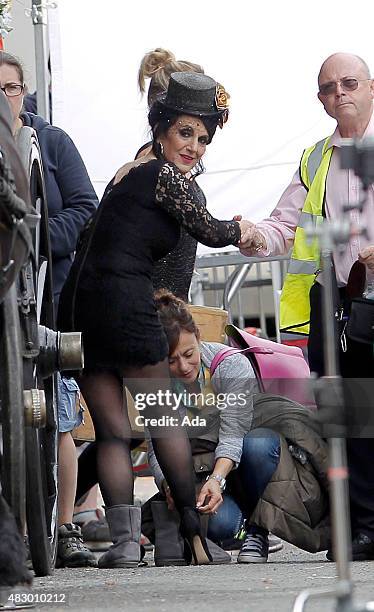 Lesley Joseph is pictured filming a funeral scene for 'Birds of a Feather' on August 5, 2015 in London, England.