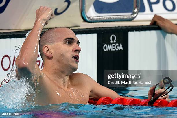 Laszlo Cseh of Hungary celebrates winning the gold medal in the Men's 200m Butterfly Final on day twelve of the 16th FINA World Championships at the...