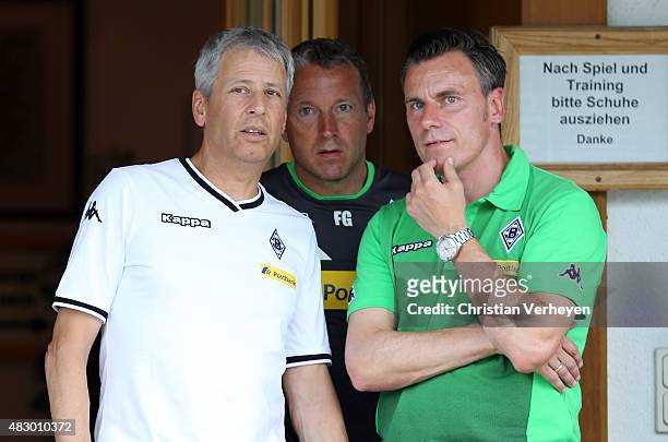 Rottach-Egern, GERMANY Hedachcoach Lucien Favre, Co- Trainer Frank Geideck and Teammanager Steffen Korell of Borussia Moenchengladbach before the...