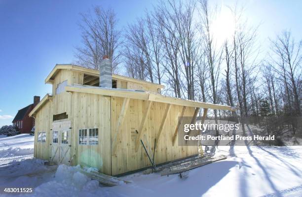 Staff Photo by Jack Milton, Thursday, March 10, 2005: The new sugaring house at Harris Farm, in Dayton, is almost ready to start boiling sap for...