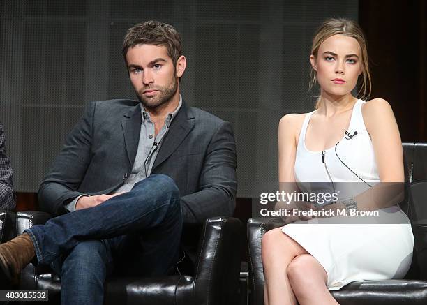 Actors Chace Crawford and Rebecca Rittenhouse speak onstage during the 'Blood & Oil' panel discussion at the ABC Entertainment portion of the 2015...