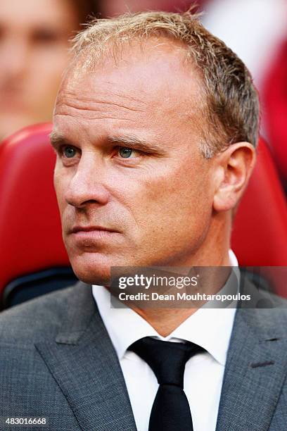 Ajax assistant manager / coach, Dennis Bergkamp looks on during the third qualifying round 2nd leg UEFA Champions League match between Ajax Amsterdam...
