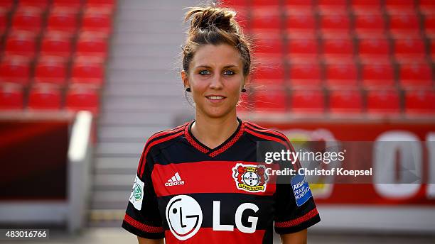 Jessica Wich poses during the Bayer Leverkusen Women's team Presentation at BayArena on August 5, 2015 in Leverkusen, Germany.