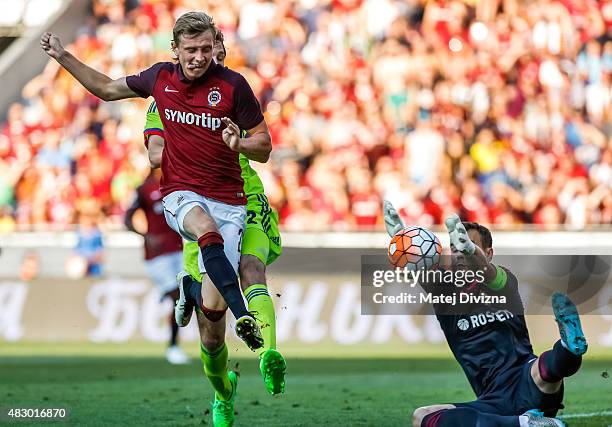 Ladislav Krejci of Sparta Prague scores the opening goal past Igor Akinfeev , goalkeeper of CSKA Moscow, during the UEFA Champions League Third...