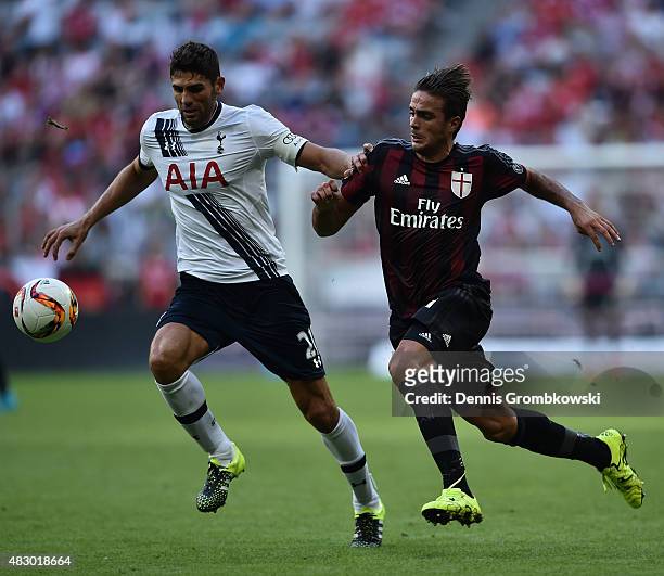 Frederico Fazio of Tottenham Hotspur and Allesandro Matri of AC Milan battle for the ball during the Audi Cup 2015 match between Tottenham Hotspur...
