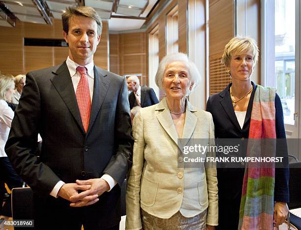Photo taken on August 31, 2009 shows major shareholder of German carmaker BMW Johanna Quandt posing with his children Stefan Quandt and Susanne...