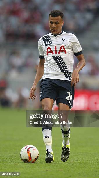 Dele Alli of Tottenham Hotspur kicks the ball during the Audi Cup third place match between Tottenham Hotspur and AC Milan at Allianz Arena on August...