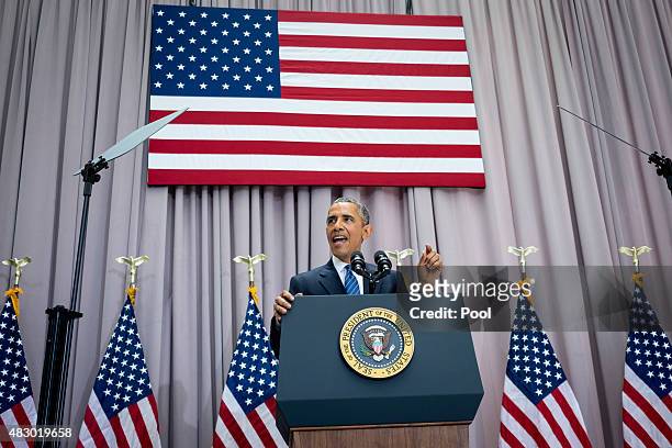President Barack Obama addresses American University's School of International Service in Washington, District of Columbia, U.S., on Wednesday, Aug....