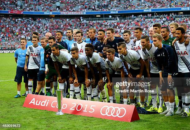 The team of Tottenham Hotspur celebrate their 3rd place during the Audi Cup 2015 third place match between AC Milan and Tottenham Hotspur at Allianz...