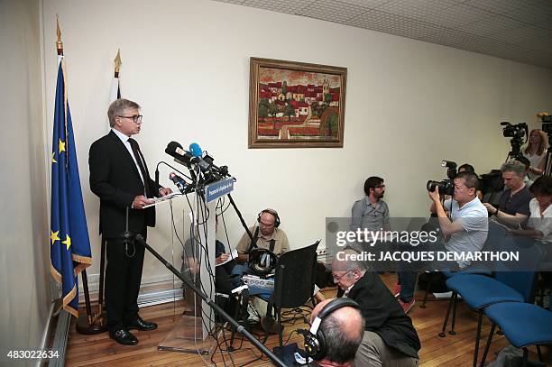 Deputy Paris prosecutor Serge Mackowiak holds a press conference on the Malaysia Airlines MH370 flight in Paris on August 5, 2015. Debris found on an...