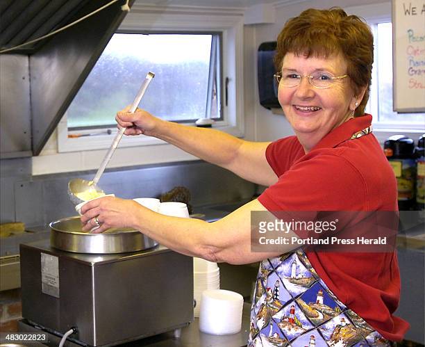 Staff Photo by Gordon Chibroski, Tuesday, May 2, 2006: Martha Porch fills a cup with her popular clam chowder at the Lobster Shack at Two Lights, in...